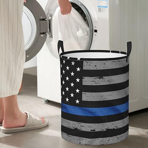 Miniatura 7 de Cesta de lavandería redonda con diseño de bandera de línea azul americana, impermeable, con asa, cesta de almacenamiento para el hogar