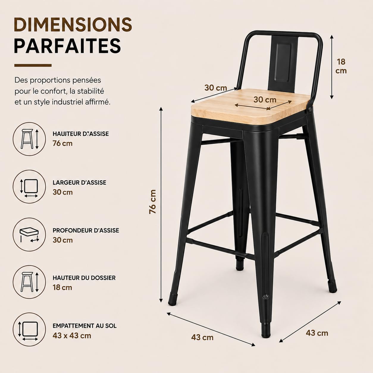 Kosmi Lot de 4 Tabourets de Bar Industriels Hauteur 76 cm avec Dossier – Métal Noir Mat et Assise Bois Clair Naturel – Chaises de Bar pour Îlot de Cuisine, Snack, Mange-Debout, Restaurant