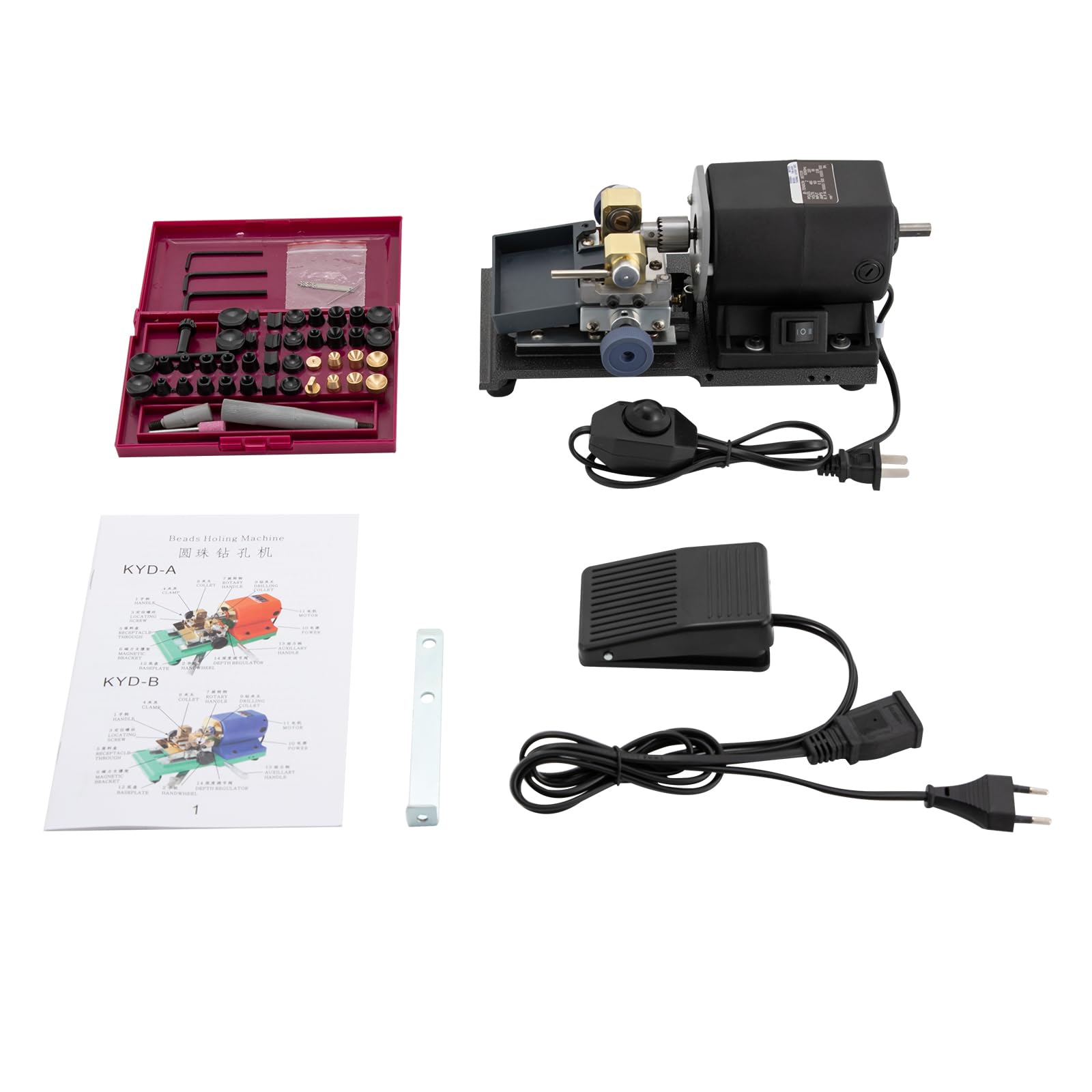Taladro de perlas para joyas, 480 W, con pedal y caja de herramientas, 500 – 15000 rpm, juego de taladros DIY