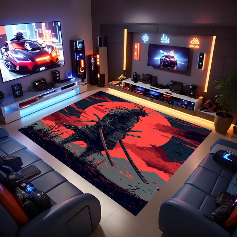 Red Sun Warrior Carpet Anime Area Rug Suitable for Bedroom Living Room Entrance Asian Antique Floor mat Indoor Floor Home Decor Rug Machine Washable Non-Slip Soft Printed Rugs 2 x 3