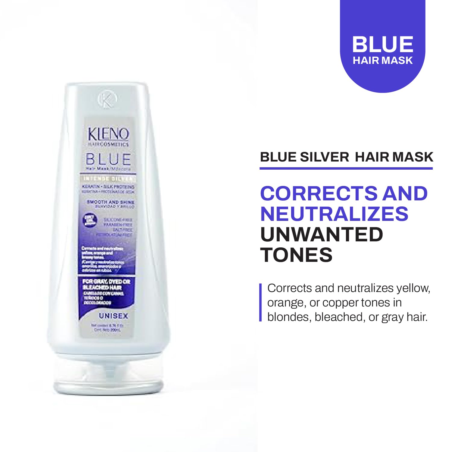 Blue Silver Intense Hair Mask - Keratin & Silk Protein, Deep Conditioning, Neutralizes Yellow and Brassy Tones, Hydration, Shine, Unisex Formula, 6.76 fl oz Bottle - Image 2