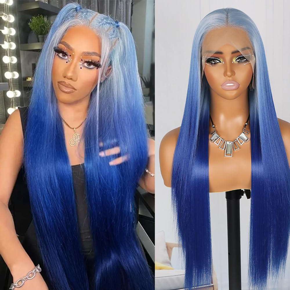 OmbreBlue Beauty Lace Front Wig Amazon.com : YMS Ombre Blue Lace Front Wigs Human Hair 180  main image 4