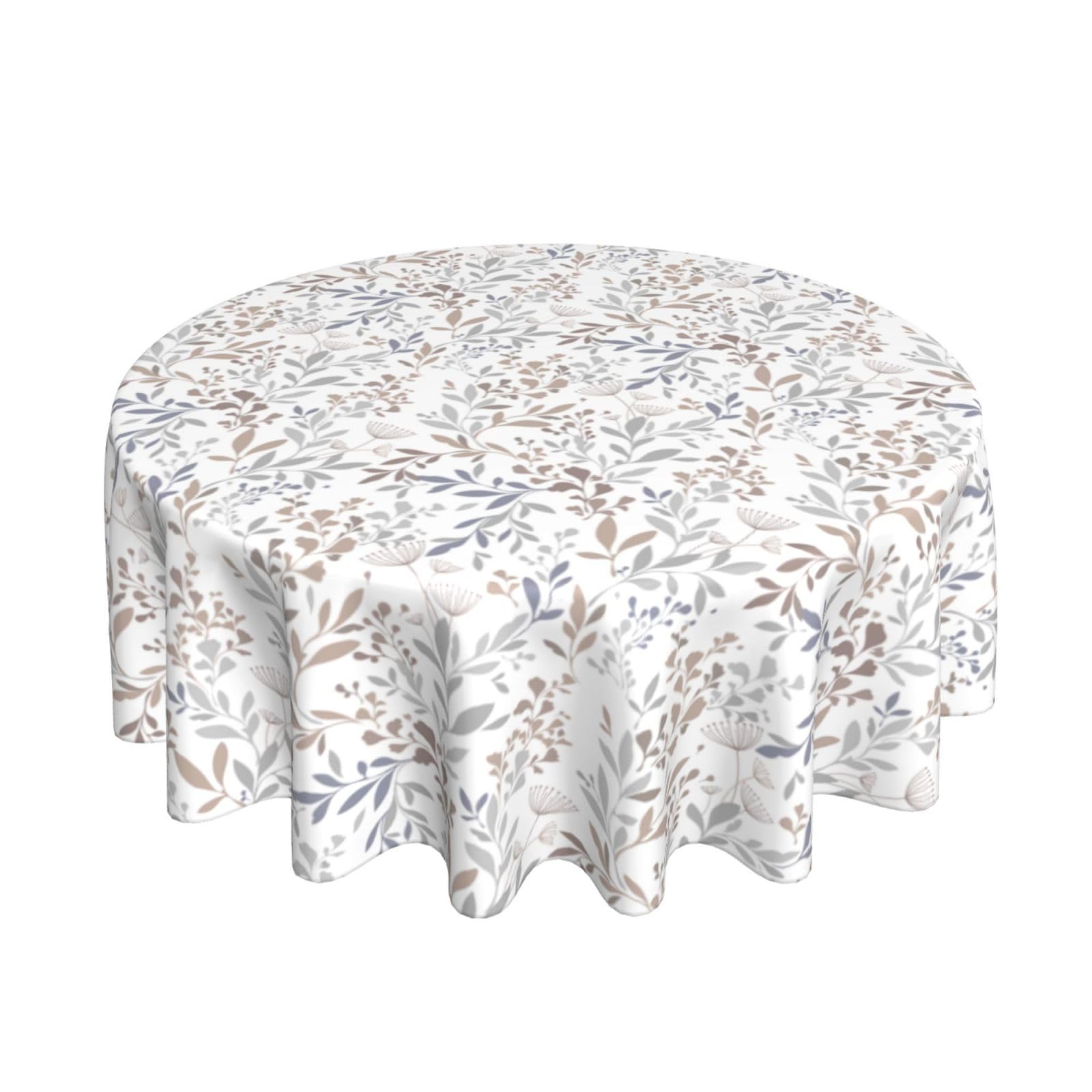 Summer Grey Leaves Floral Round Tablecloth 70 Inch Spring Leaf Tablecloth Watercolor Rustic Table Clothes Farmhouse Waterproof Reusable Circle Table
