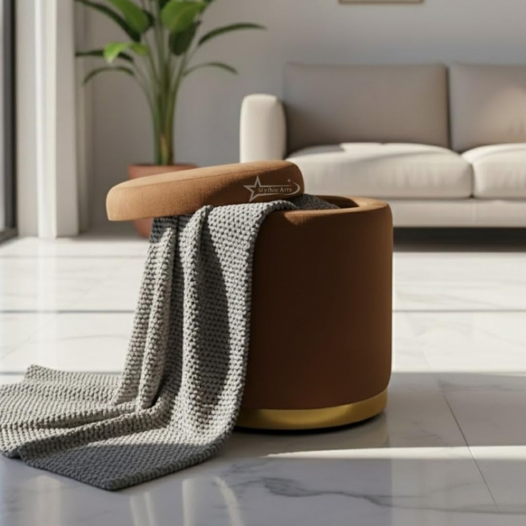 Velvet Round Single Strip Ottoman Office Stool Foot Rest Stool Velvet Fabric Padded Seat Pouf Ottoman16 X 16X 19 inch, in Round Shape for Living Room Brown-image-31