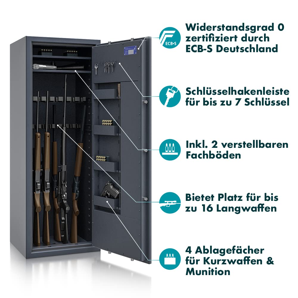 SafeHero Secureo Hawk 16 XL Waffenschrank Klasse 0 EN 1143-1 für Langwaffen mit Elektronikschloss