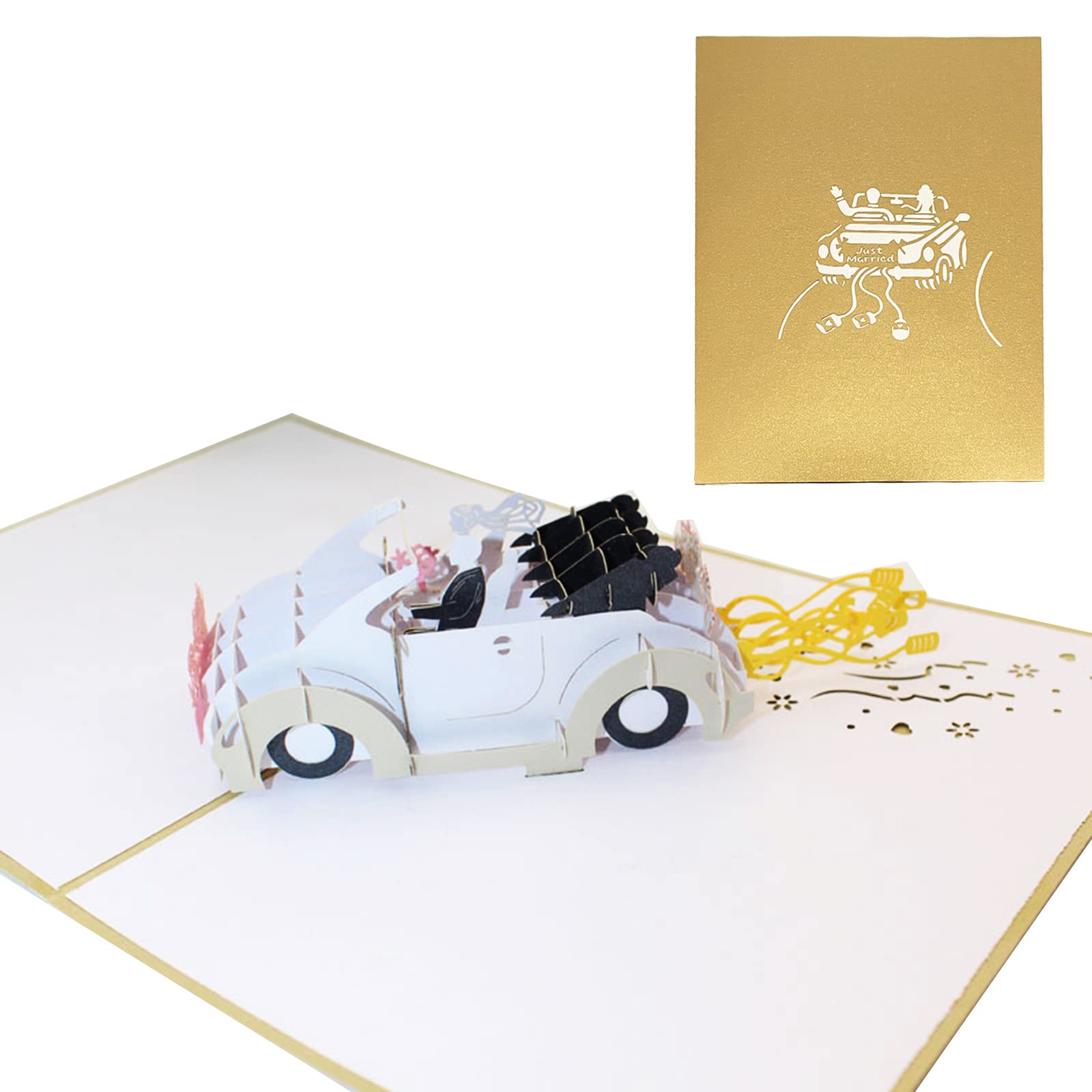 Jinpojun Tarjeta desplegable de coche de boda,Tarjeta de Boda Pop-Up,regalo de dinero para viajes de boda,Recién casados, Tarjeta de regalo emergente con sobre