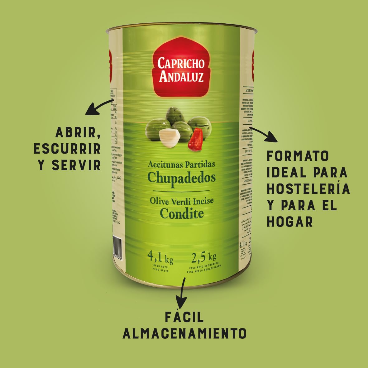 Capricho Andaluz Aceitunas Partidas Chupadedos Lata 4,1kg (2,5kg Escurrido) Aliño Tradicional Ajo Pimiento Profesional