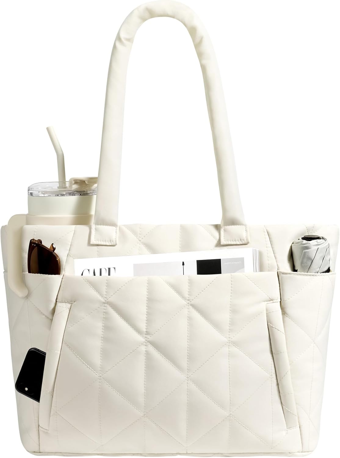 CHUNLI Laptop Tote Bag for Women 15.6 Inch, Quilted Work Shoulder Bag with Multiple Pockets & Luggage Strap for Office Travel