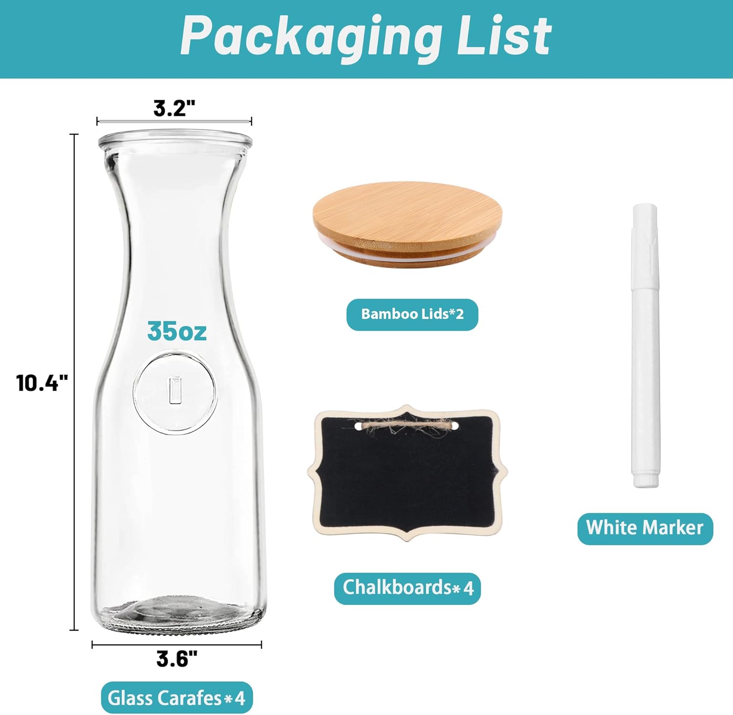 Glass Carafe with Bamboo Lid,35 Oz Beverage Dispensers Carafe,Mimosa Bar Supplies,Clear Glass Pitcher with Name Labels for Iced Tea,Coffee,Juice(Set of 4) - Image 3