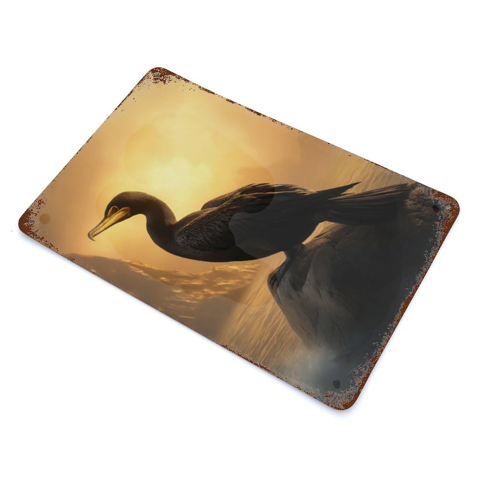 Cormorant at Sunset Weathered Tin Sign 11.8"x7.9", Novelty Wall Decor for Garage, Pub Or Kitchen