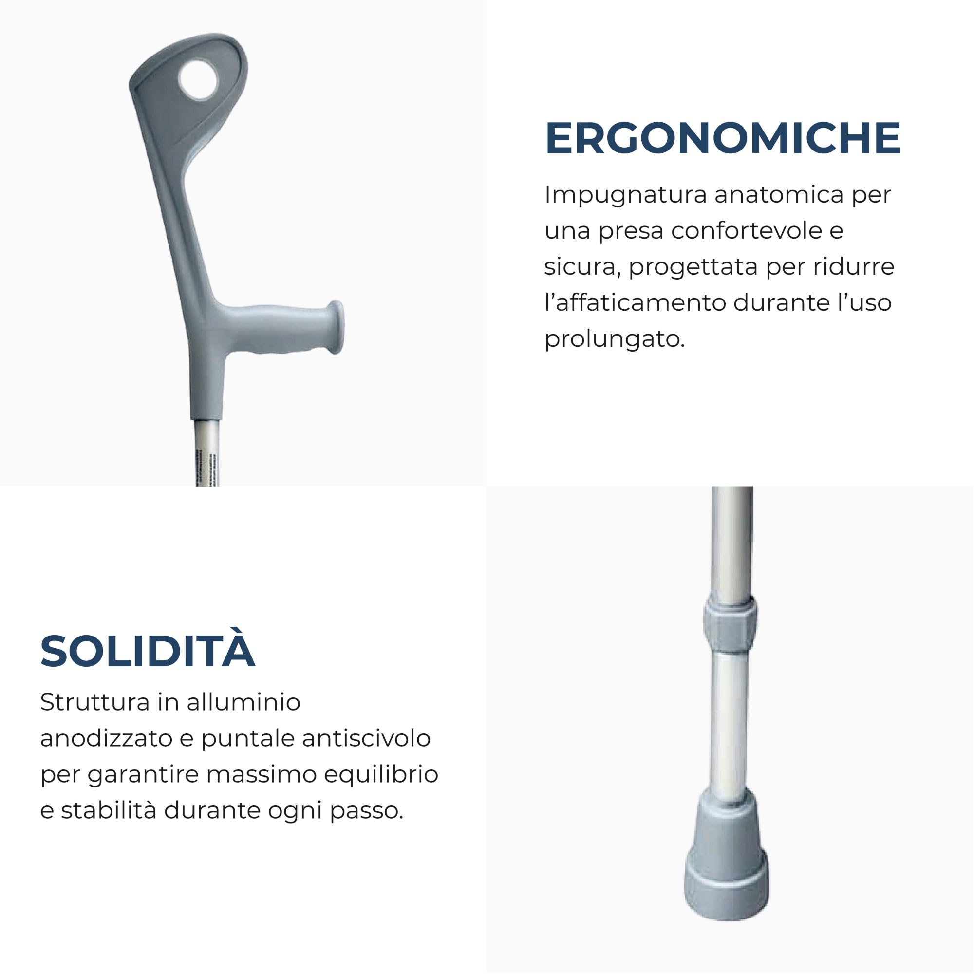 SPES - Coppia Stampelle Canadesi - Stampelle Ortopediche Regolabili in Altezza - Coppia di 2 Stampelle (grigio)