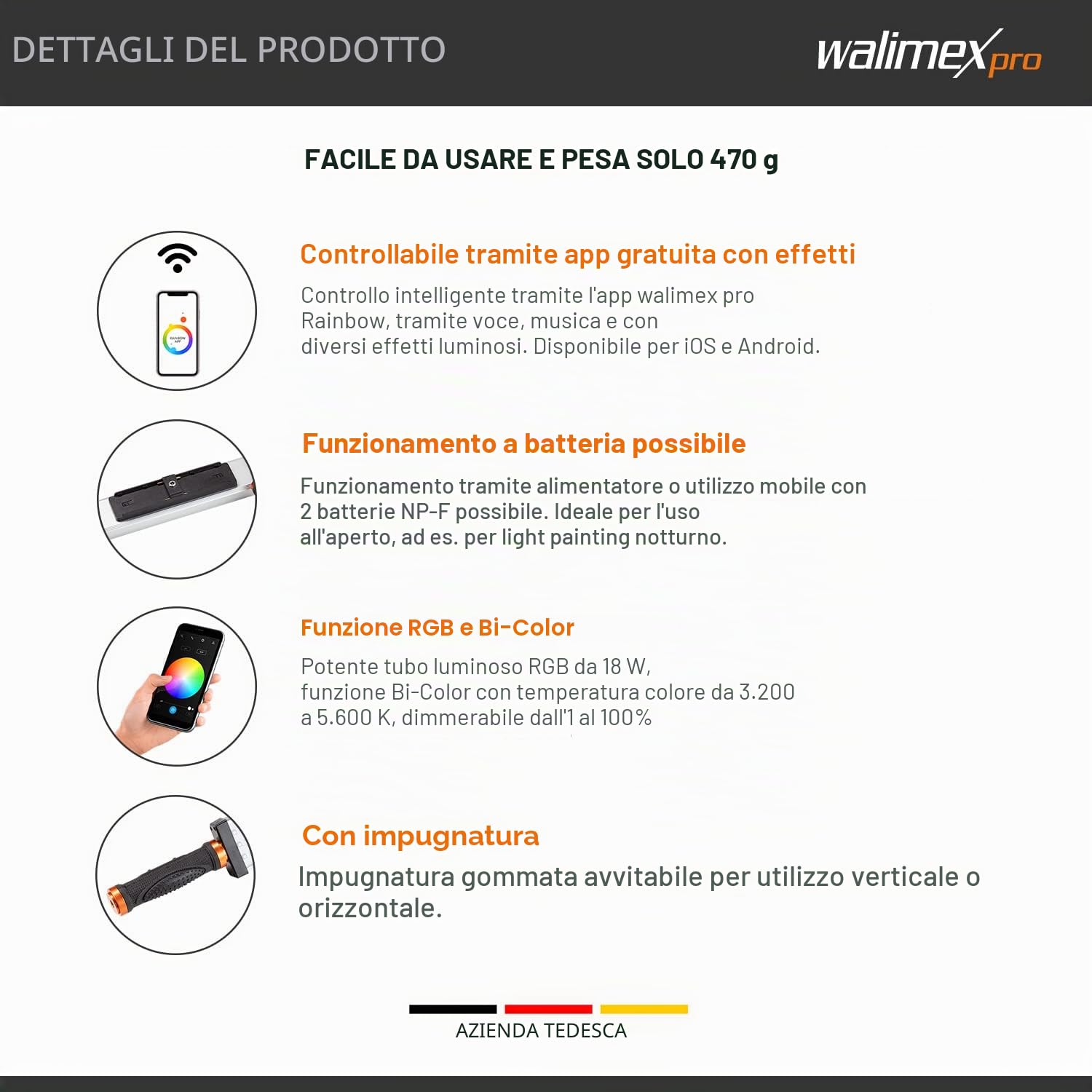 Walimex pro Rainbow Tubo LED fotografia RGB, barra luminosa da 18 W, luce da studio fotografico dimmerabile e bicolore, controllo tramite app