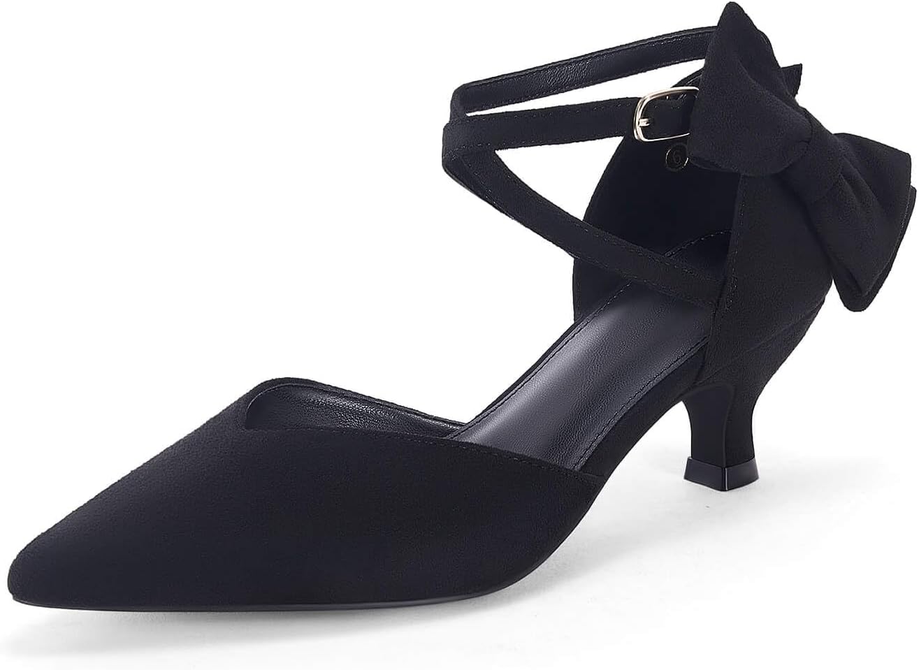 Coutgo Womens Low Kitten Heel Bow Heels Dress Shoes Closed Pointed Toe Ankle Strap Elegant Wedding Party Pumps