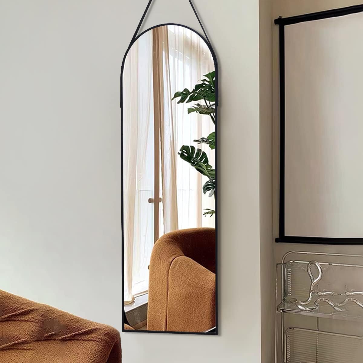 ITS RG Arched Full Length Wall Mirror - Mounted with Leather Strap for Bathroom, Living Room, Entryway (16x48 Black)