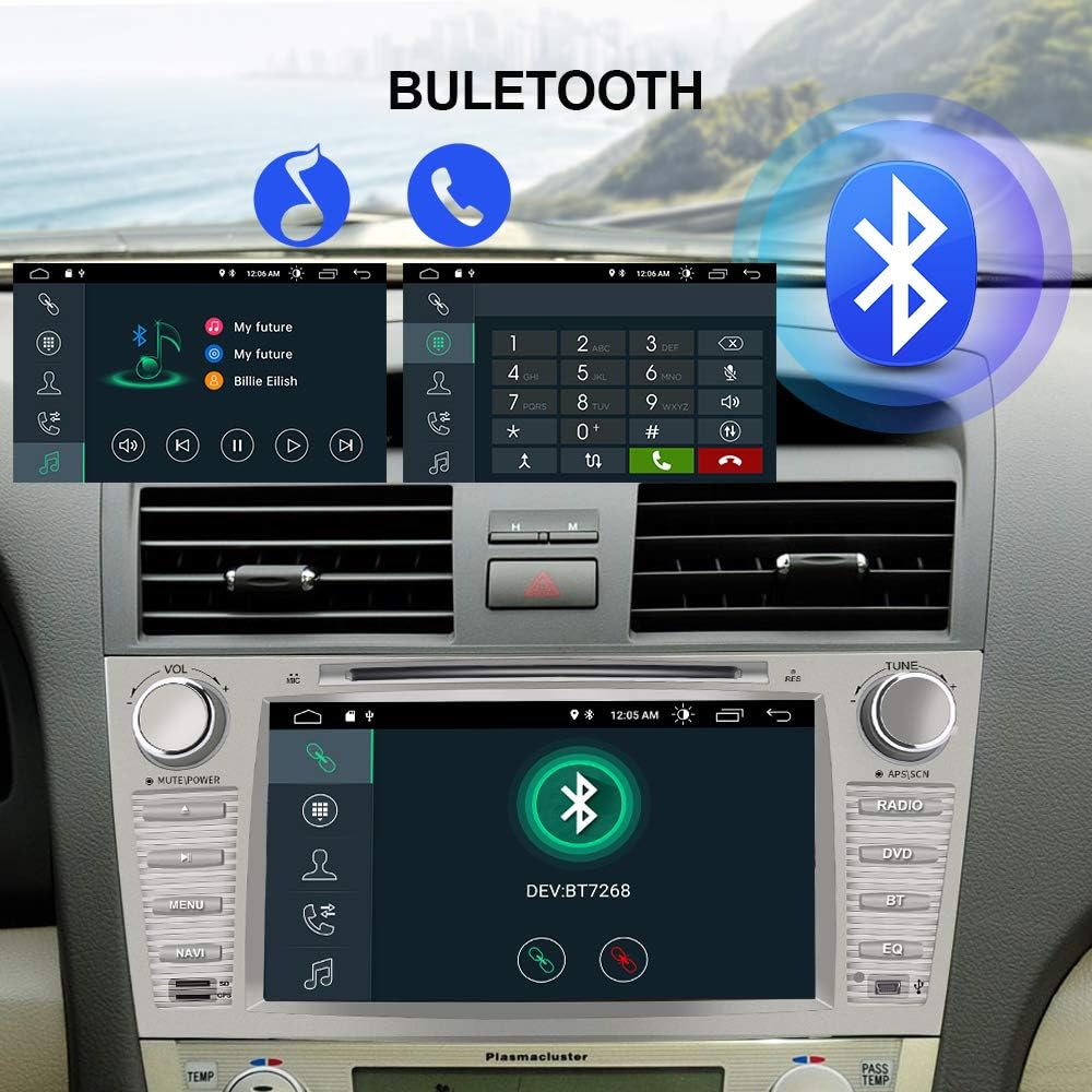 AWESAFE Car Stereo screen showing the Bluetooth interface for calling and music playback.