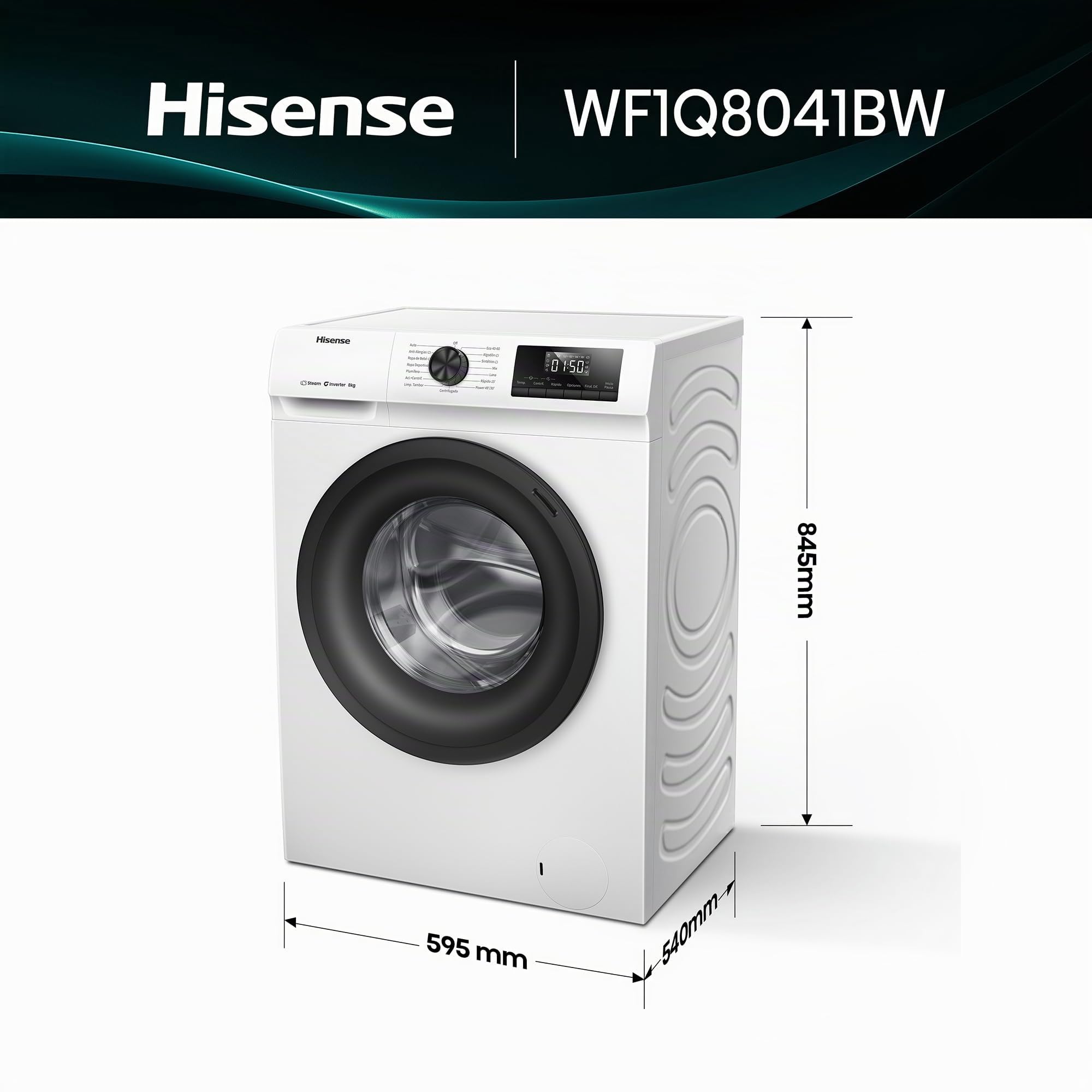 Hisense WF1Q8041BW - Lavadora, Class A, 8 Kg, 1400 rpm, Alto 85 cm x Ancho 60 cm, Color Blanco, Función Vapor 99,9%, Lavado Rápido+, Lavado Automático, Finalización Diferida, Tecnología Inverter