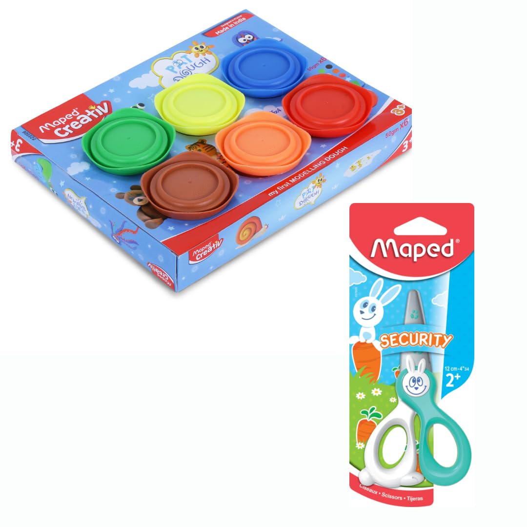 Maped Modelliermasse X6 Stück mit Werkzeug und 1 Kinderschere | Teigton | Tonteig | Formteig | ungiftiger Teig | Rückgabegeschenke | Bithday-Geschenke | Rakhi-Geschenke
