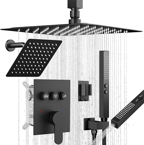 Vista 33 de Juego de grifo de ducha, sistema de ducha de 12 pulgadas con ducha de lluvia y de mano, cabezal doble de montaje en techo que puede funcionar todo