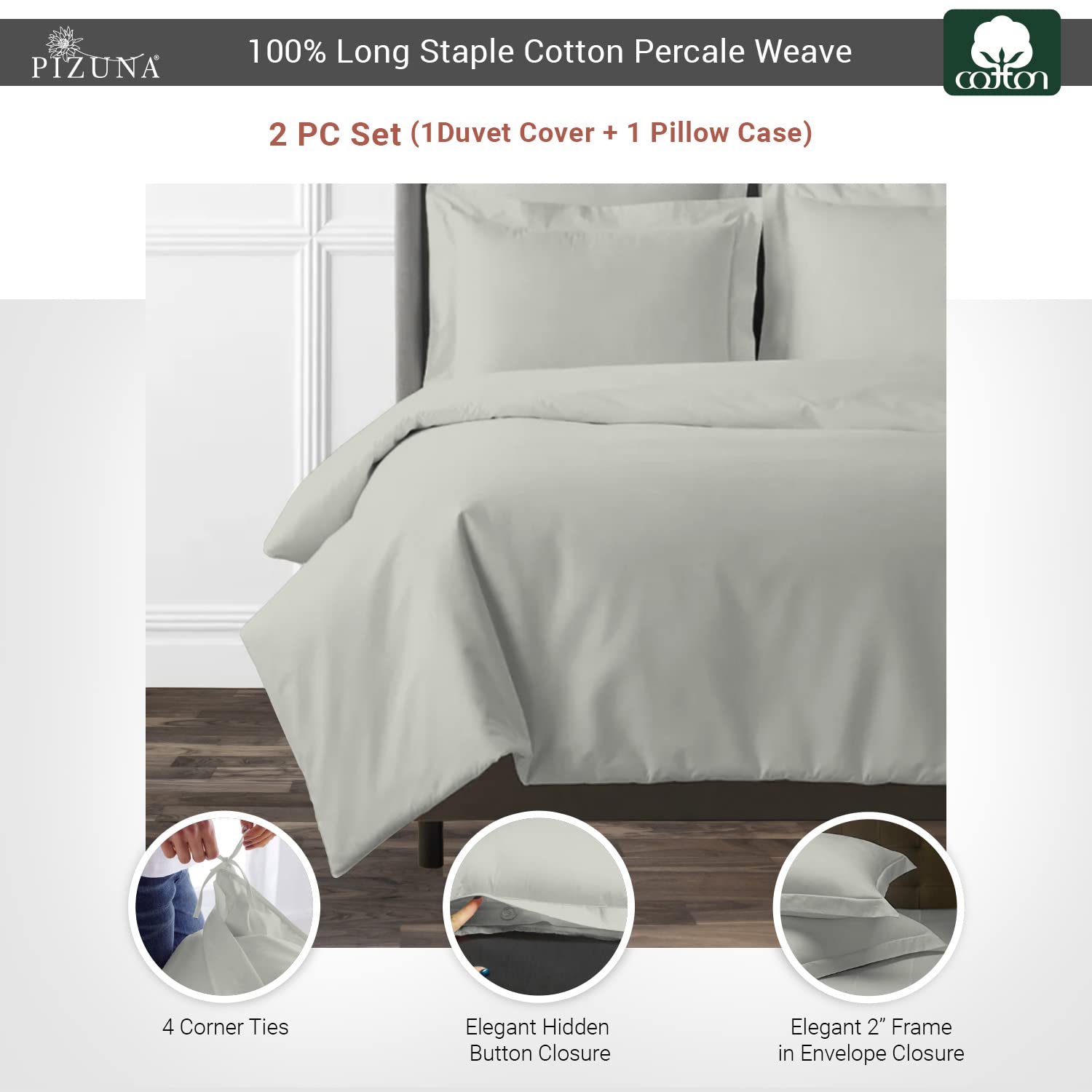 Pizuna Silver Cotton Single Duvet Cover Percale 140x200 cm, 100% Long Staple Cotton Single Bed Duvet Cover Set, Plain Weave Single Quilt Cover with Button Closure (Silver Duvet Cover) - Image 3