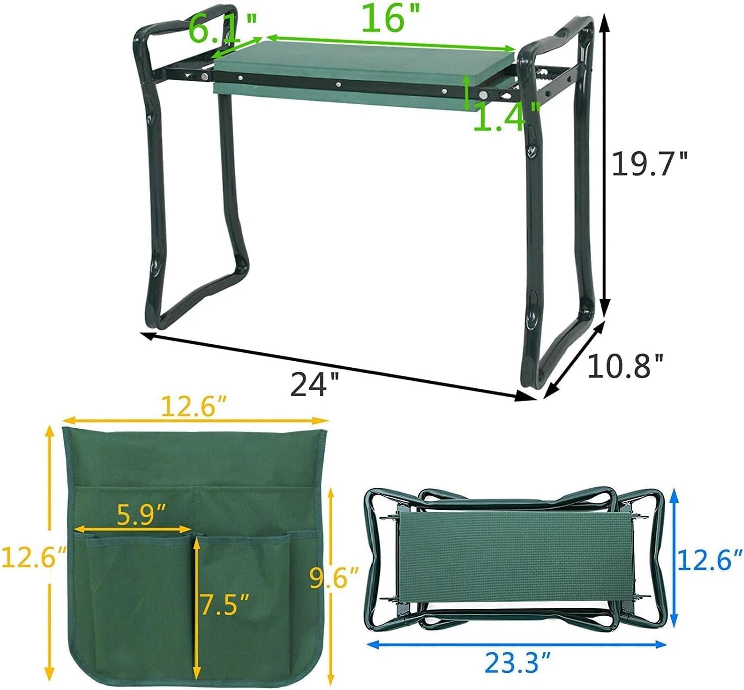 Garden Kneeler Bench Kneeling Cushioned Steel Seat Portable Kneeling Pad Garden Stool Multi-Purpose Gardener Deep Seat with Tool Pouches