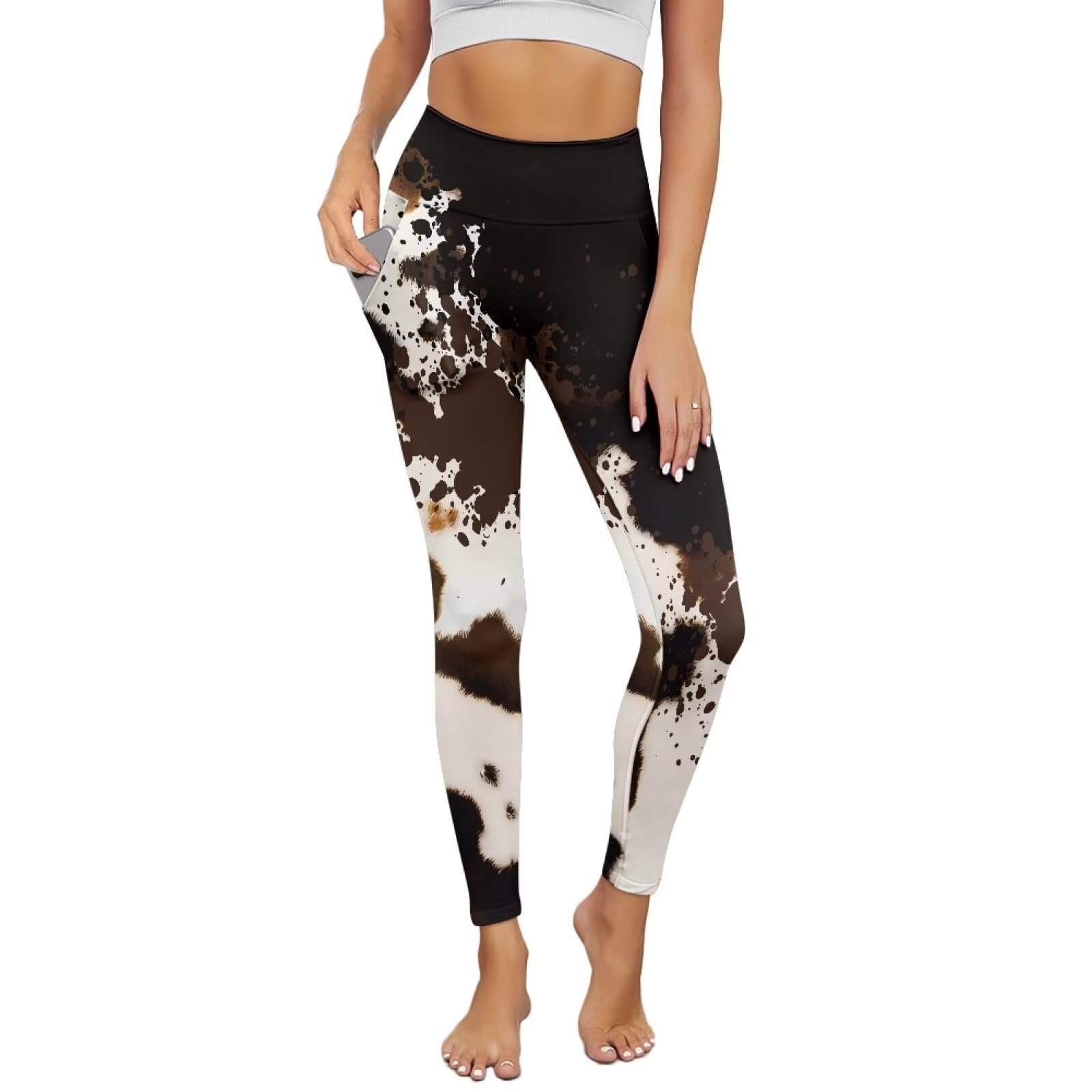Thick High Waist Yoga Pants for Women with Pockets Cow Print Tummy Control Workout Running Yoga Leggings Size XS-3XL