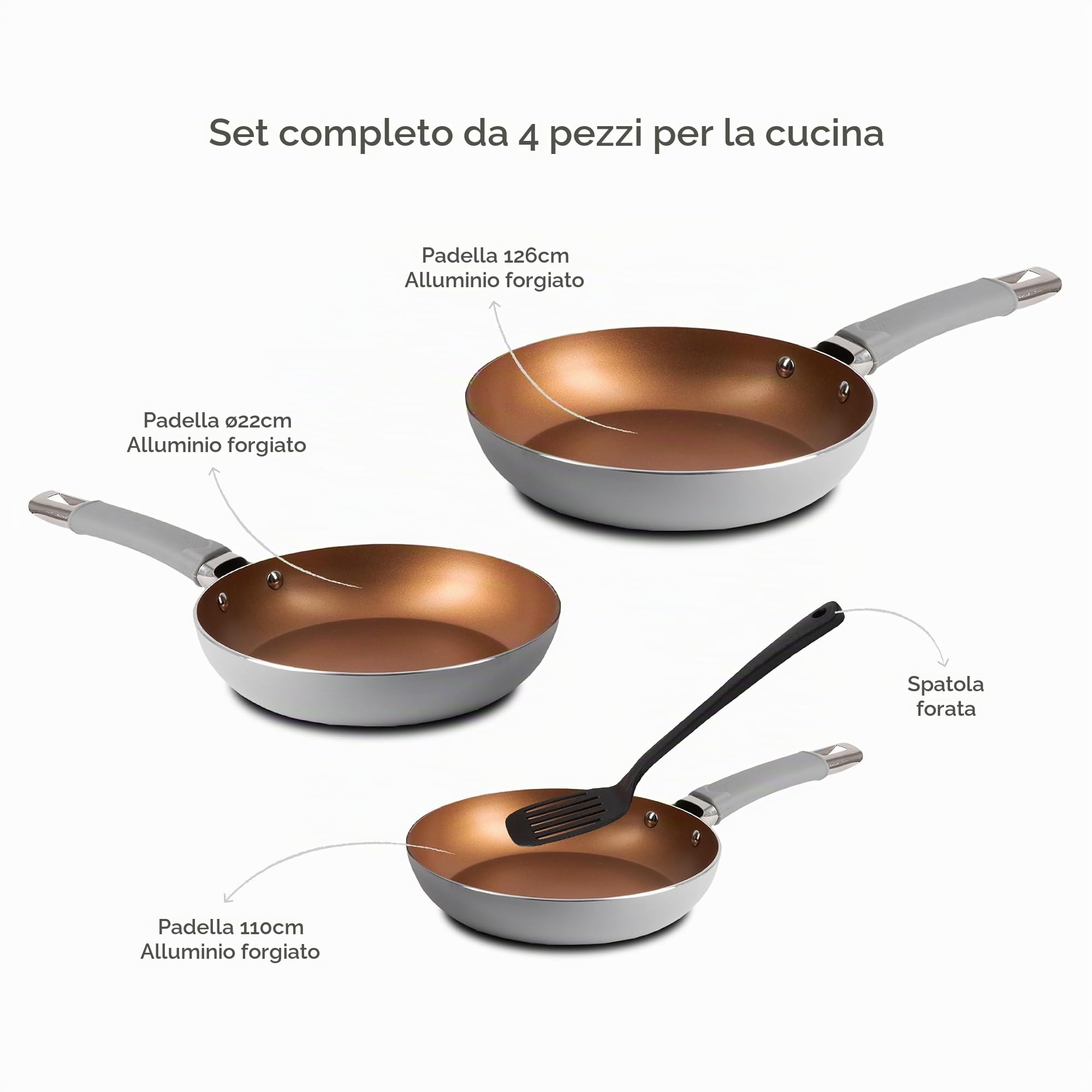 BERGNER LOJA REECO - Set di 4 padelle (18, 22, 26 cm) + spatola scanalata. Alluminio forgiato - Rivestimento antiaderente - Manico ergonomico - Compatibile con l'induzione