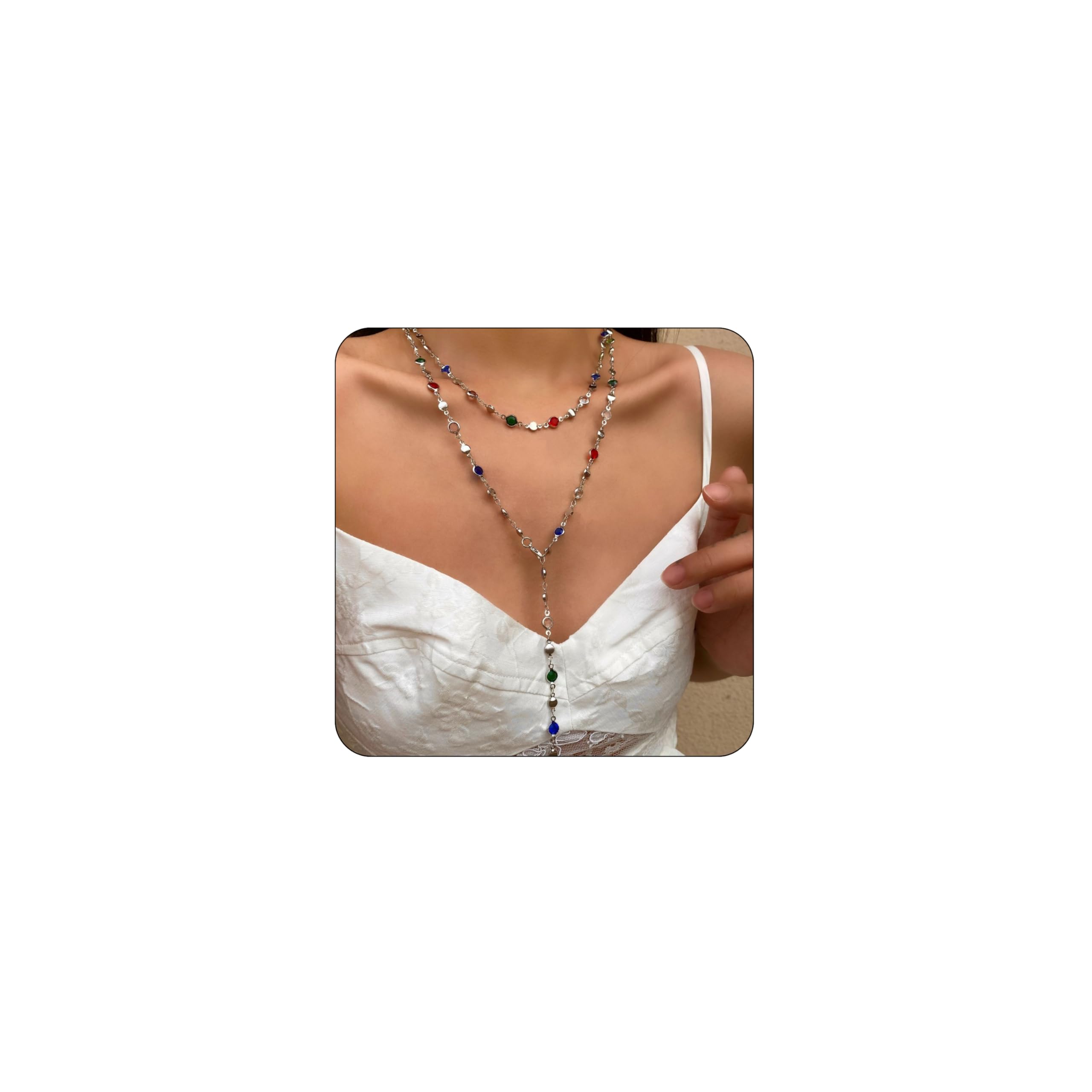 ROYNRAU Colorful Crystal Long Necklace for Women Dainty Boho Y-Shaped Color Bead Necklaces Sparkly Rhinestone Pendant Layered Gold Long Chain Choker