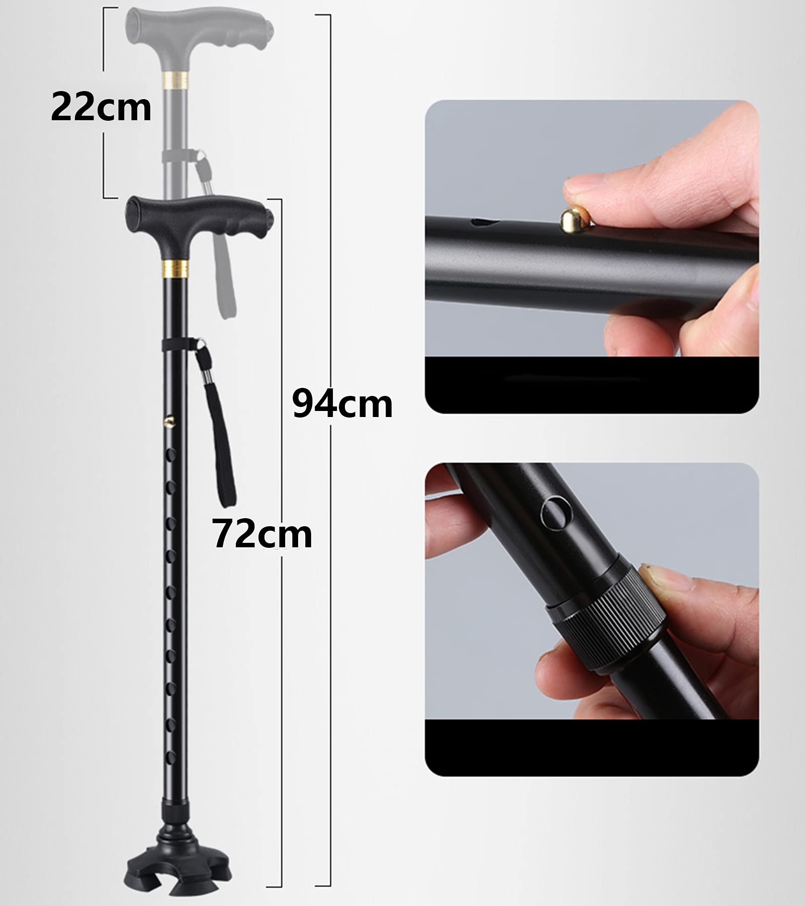 Bastón con Pivotante Pequeña Basar Muleta Incorporado Ajustable Linterna Tener 10 Retráctil Altura Auto De Pie Bastón De 4 Patas,Negro
