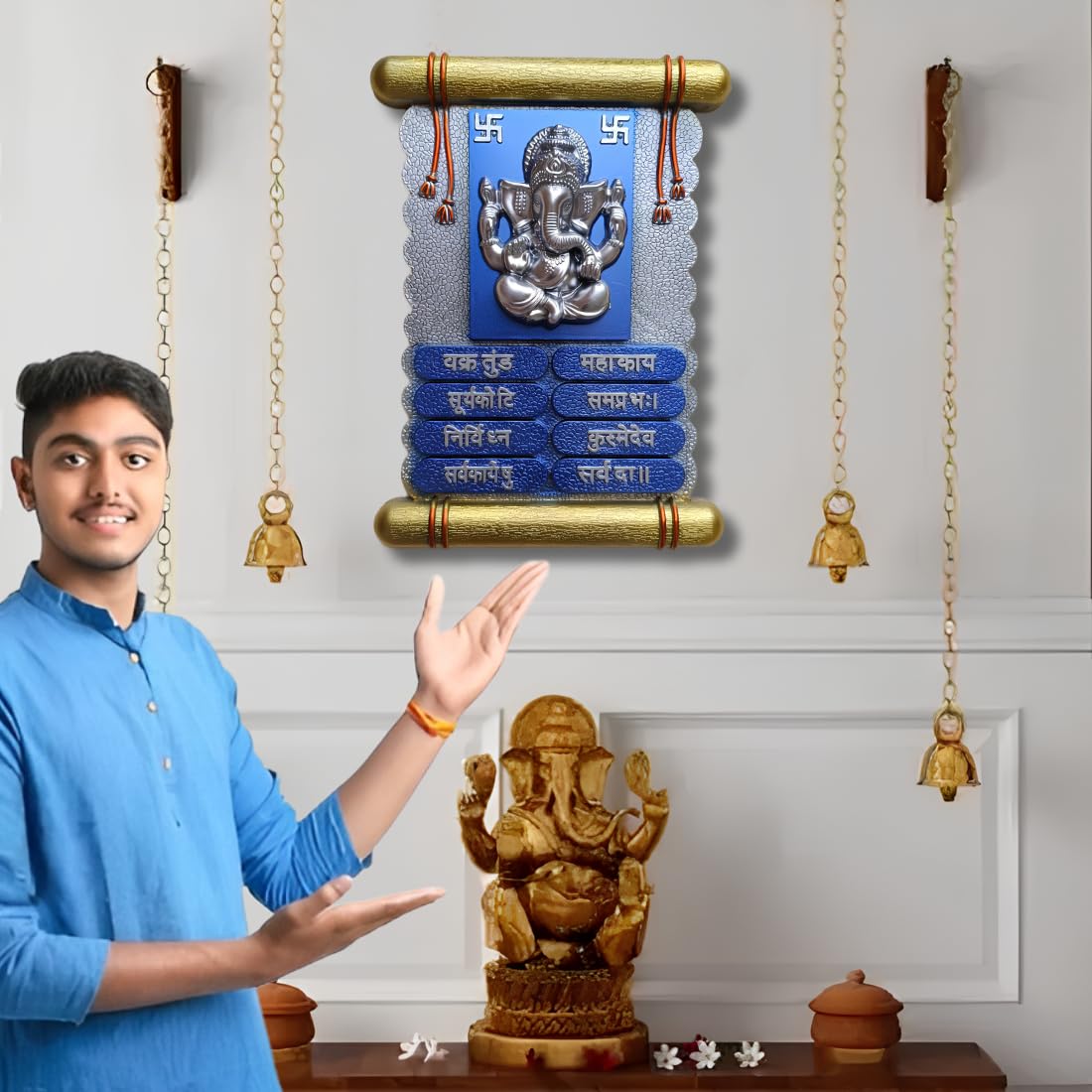 3D Ganesh Wall Frame with Mantra Decor Hanging Ganesh Religious Showpiece Hanging Entrance Gate Decor Ganesh Frame Wall Decorative Ganpati Divine Wall Décor for Pooja Room & Mandir (9 x 13 cm approx.) 4