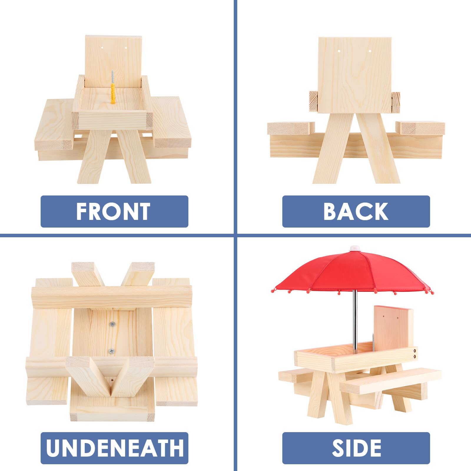 NCONCO Squirrel Feeder, Wooden Picnic Table with Umbrella & Corn Cob Holder, Easy to Fill Peanuts & Nuts, Ideal for Squirrel Lovers - Image 4