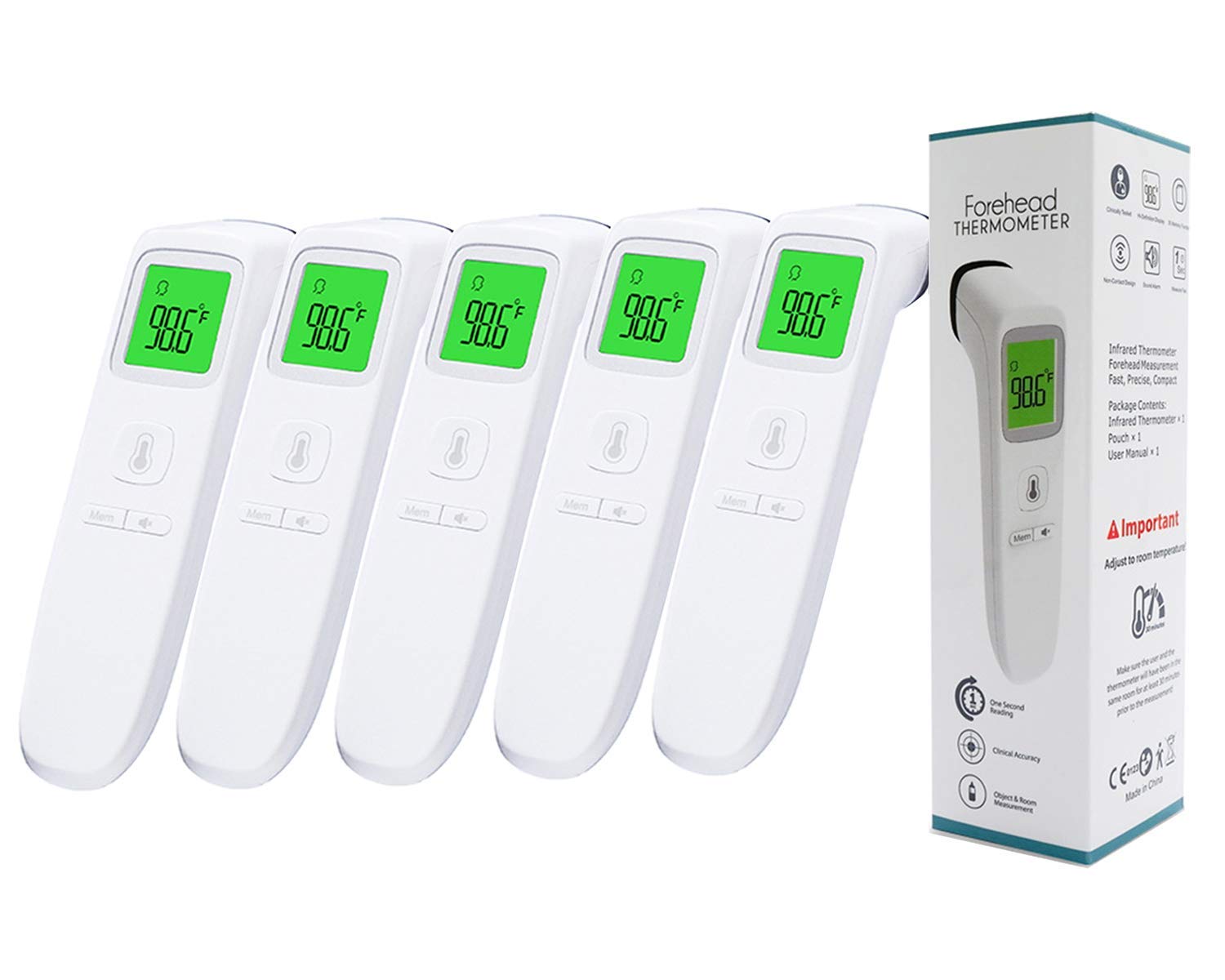 5 Pack Forehead Thermometer, Digital Infrared Non-Contact Temporal with Instant Accurate Reading,Fever Alarm and Memory Function – Ideal for Babies, Infants, Children, Adults, Indoor, Outdoor