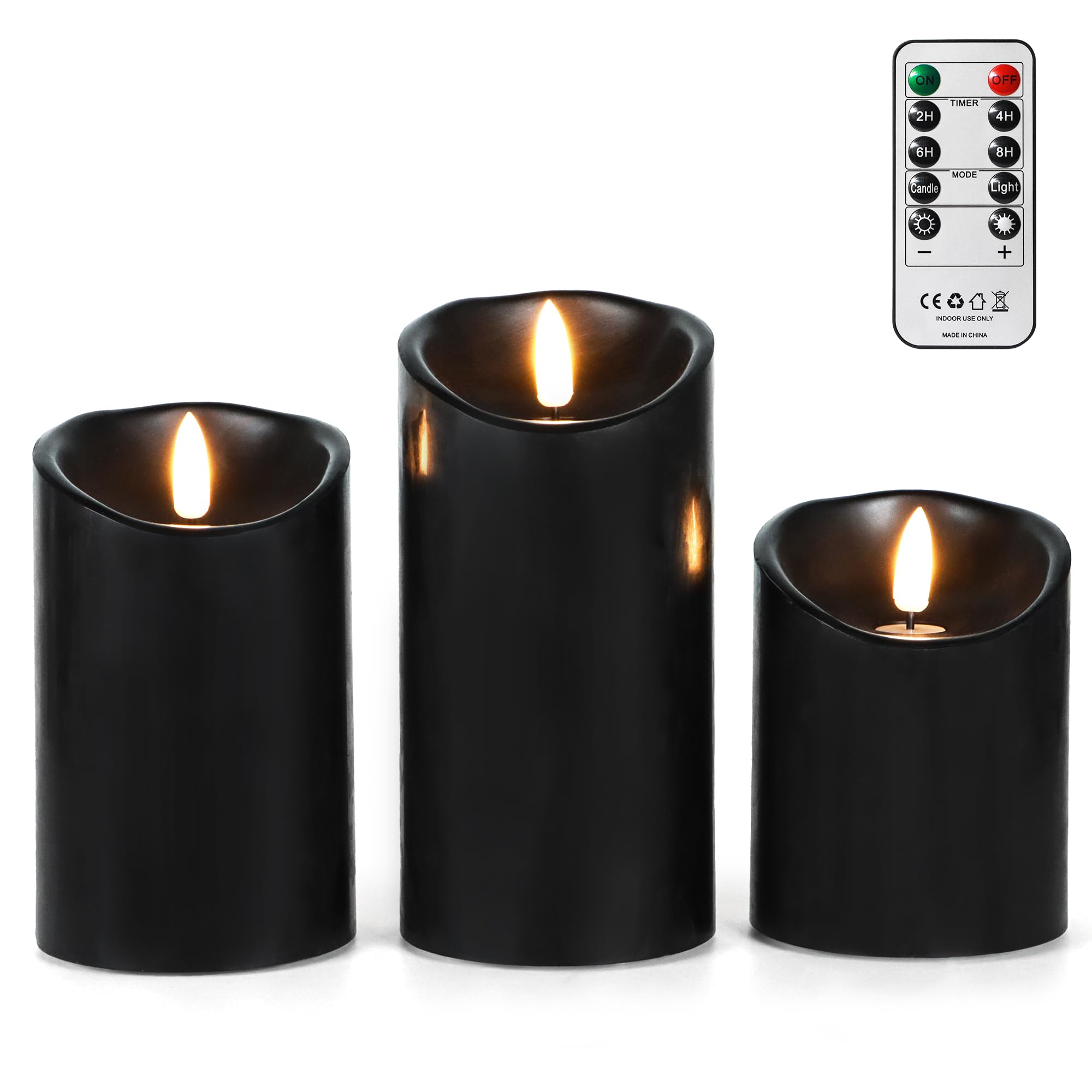 FREEPOWER Echtwachs LED Kerzen Schwarz 3er Set mit Fernbedienung und Timer – Flammenlose Batteriekerzen mit Flackerndem Warmweißlicht, Ø7,5 x 10/12,5/15cm