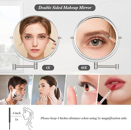 Miniatura 4 de Cerdeco Espejo de montaje en pared de maquillaje de doble cara de 8 pulgadas 10X con acabado niquelado - 360 giratorio extensible cosmético aumento