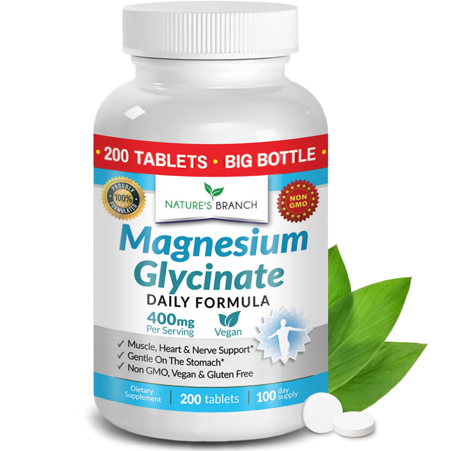 Magnesium Glycinate 400mg | 200 Tablets | High Absorption Mag Supplements for Sleep, Leg Cramps, Heart, Muscle, Calm | Non Buffered Bisglycinate, Extra Strength for Women and Men, Tablets Not Capsules