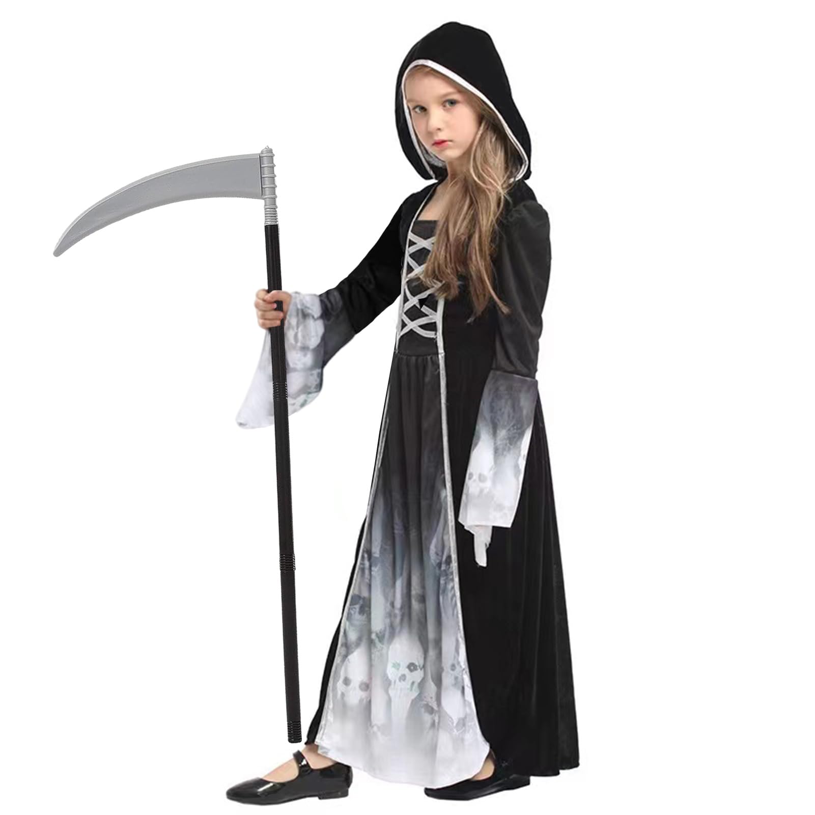 YIMOJOY Disfraces de Halloween Grim Reaper Niña - Fantasma Princesa con Guadaña Negro Disfraz de Halloween Niños Reaper Disfraz para Halloween Carnaval Cosplay