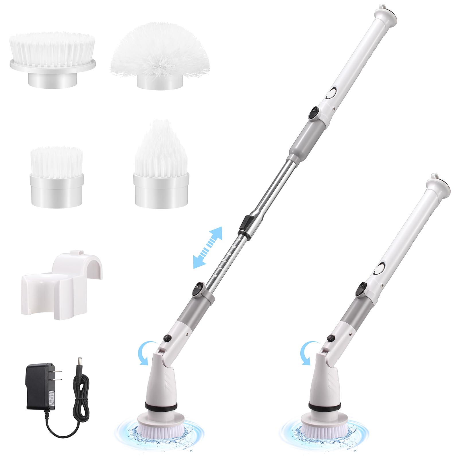 KOSMEGAL Electric Spin Scrubber for Cleaning, Shower Scrubber with Long Handle, Cordless Bathroom Cleaner with Adjustable Arm and 4 Replaceable Brush Heads for Bathtub Tile Floor