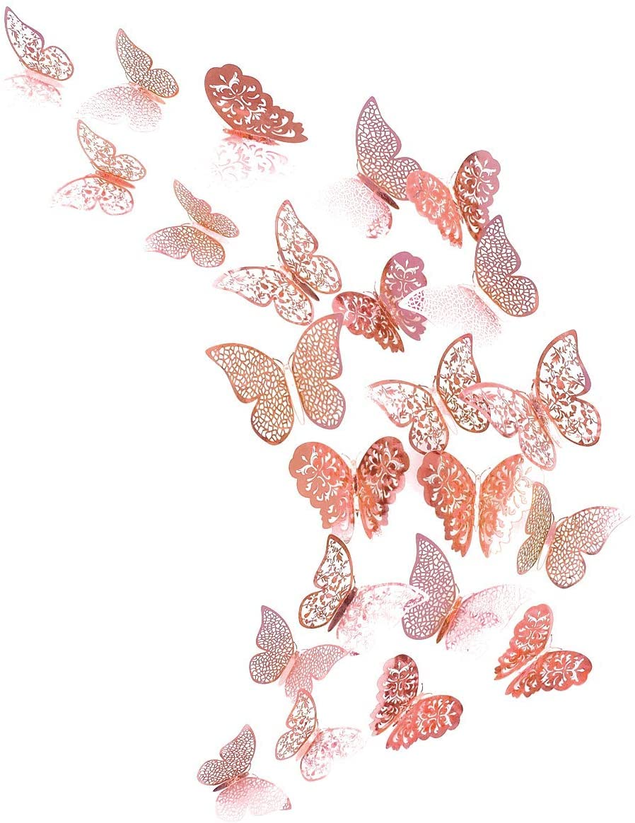 Luksuriøst 36Pcs 3D Butterfly Wall Decor, Gold & Rose Gold Butterfly Wall Decals 3 Sizes 3 Styles, Metallic Wall Stickers for Girls Bedroom Nursery Classroom Cake Wedding Party Decoration DIY Gift