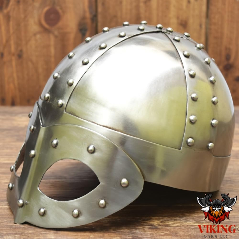 Medieval Viking Helmet, Silver Armor Replica with Rivets, Adult Size with Liner and Chin Strap, Cosplay Reenactment Costume