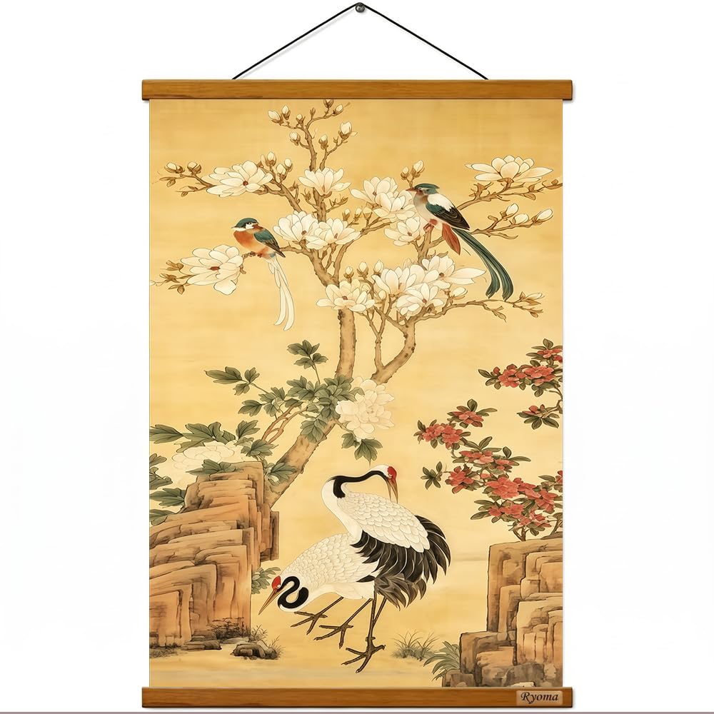 Ryoma Chinese Traditional Style Scroll Wall Art, Wooden Hanging Scroll Canvas Painting,HD Watercolor Print Canvas Wall Decor 16x24in (Chinese Crane)