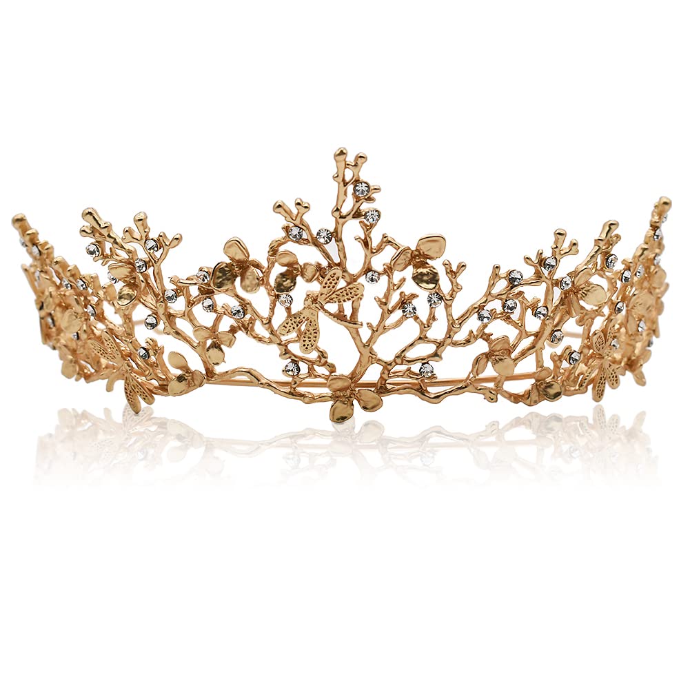 REYOK Tiara de boda con diamantes de imitación, corona de diamantes de imitación, ramita de cristal dorado, tiaras barrocas, tocado, tiaras barrocas vintage, corona de diamantes de cristal, accesorios