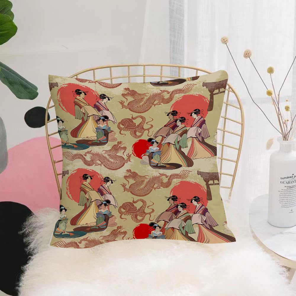 HYOSXW Cushion Cover,Throw Pillow Case Home Decorative for Living Room Bedroom Sofa Chair 16X16 Inch,geisha, dragon pattern, japanese style, tradition, dragon,Pillowcase 40X40cm