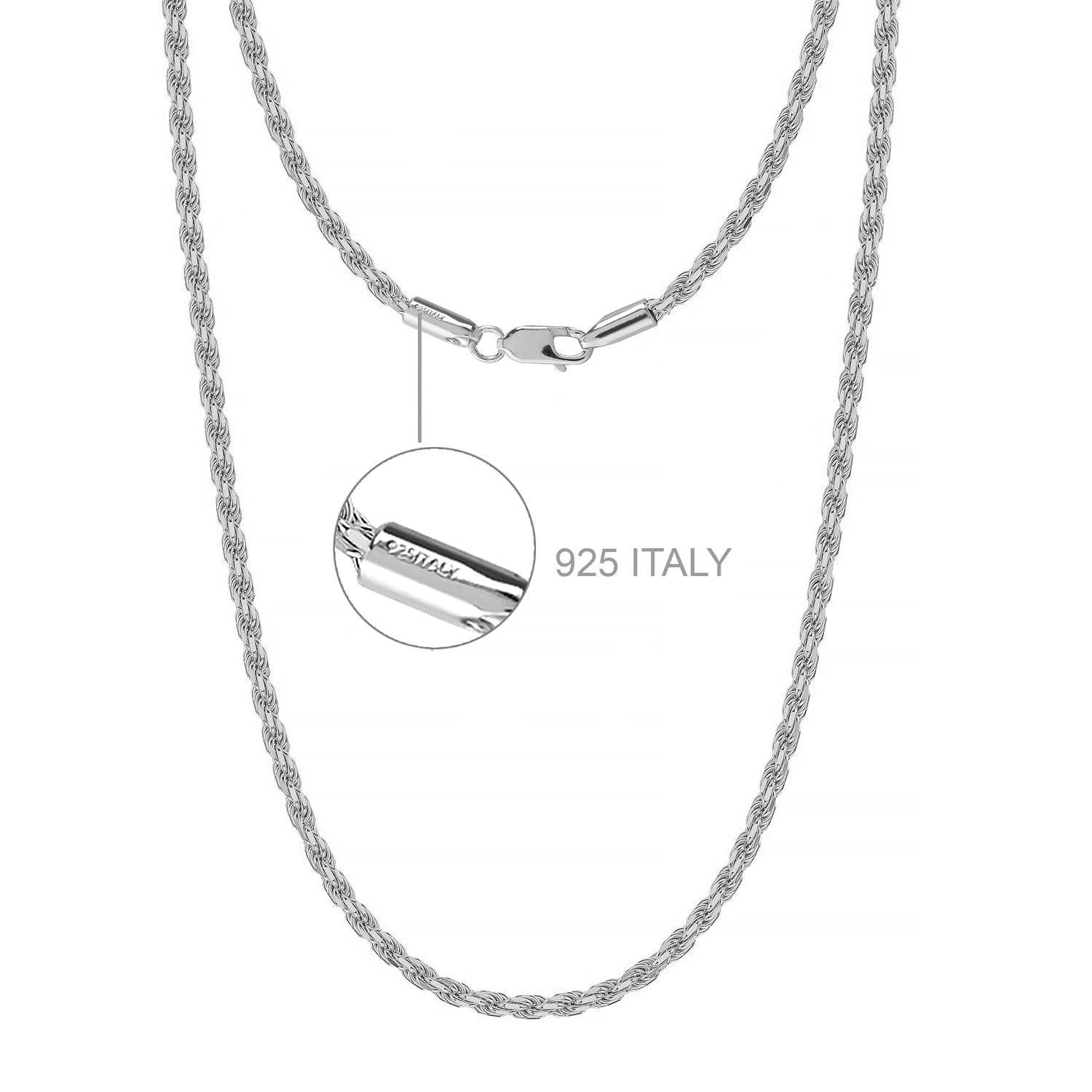 Italienischer Schmuck aus Sterlingsilber, 2 mm, 3 mm Seilkette, Halskette für Teenager, Frauen und Männer (18, 20, 22, 24, 26 Zoll)