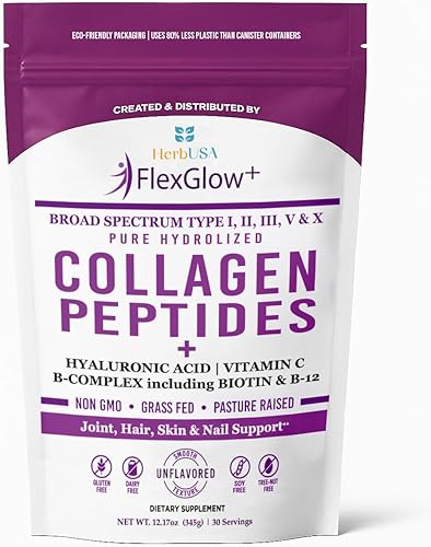 FlexGlow+ - Péptidos de colágeno de amplio espectro (I, II, III, IV) - Ácido hialurónico, biotina y vitamina C - Soporte para el cabello, la piel y