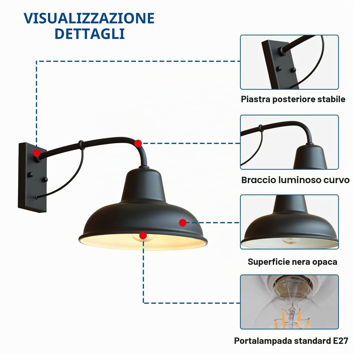 2 Pezzi Retro collo d'oca Applique da parete per esterni Impermeabile Antiruggine Applique da parete per portico Nero 10,2" Luce vintage da fienile per portici garage patii