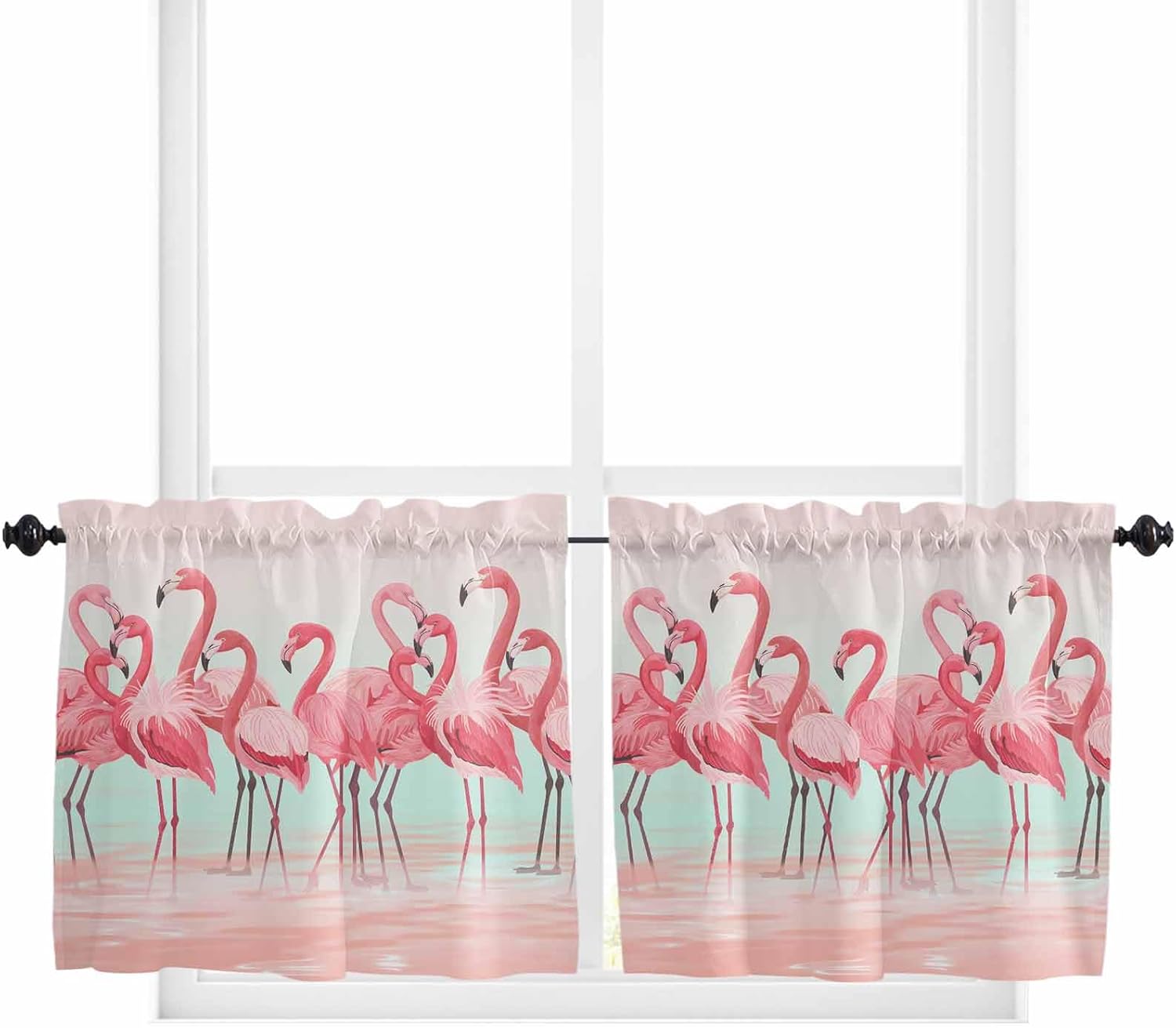 Pink Flamingos Kitchen Curtain 45 Inch Length, Small Short Cafe Tiers Curtains Drape, Summer Fall Tropical Birds, 2 Panel Window Treatment Rod Pocket Drapery Panels Curtains 55x45