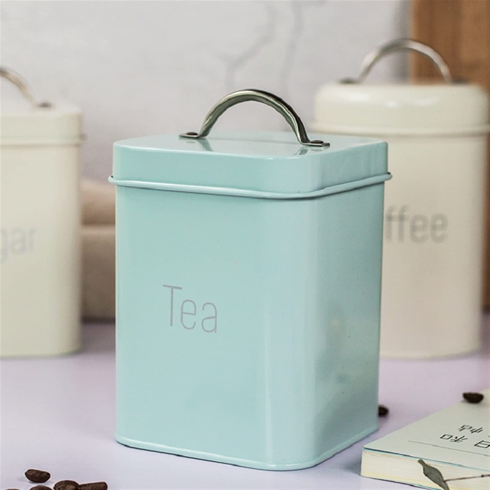 Kaffeedosen 3 stücke 10.6 * 10.6 * 14 cm weiße Blaue quadratische jar Kaffee Topf Tee Caddy Zucker aufbewahrungsbox Kaffeedose Luftdicht (Color : Blue)