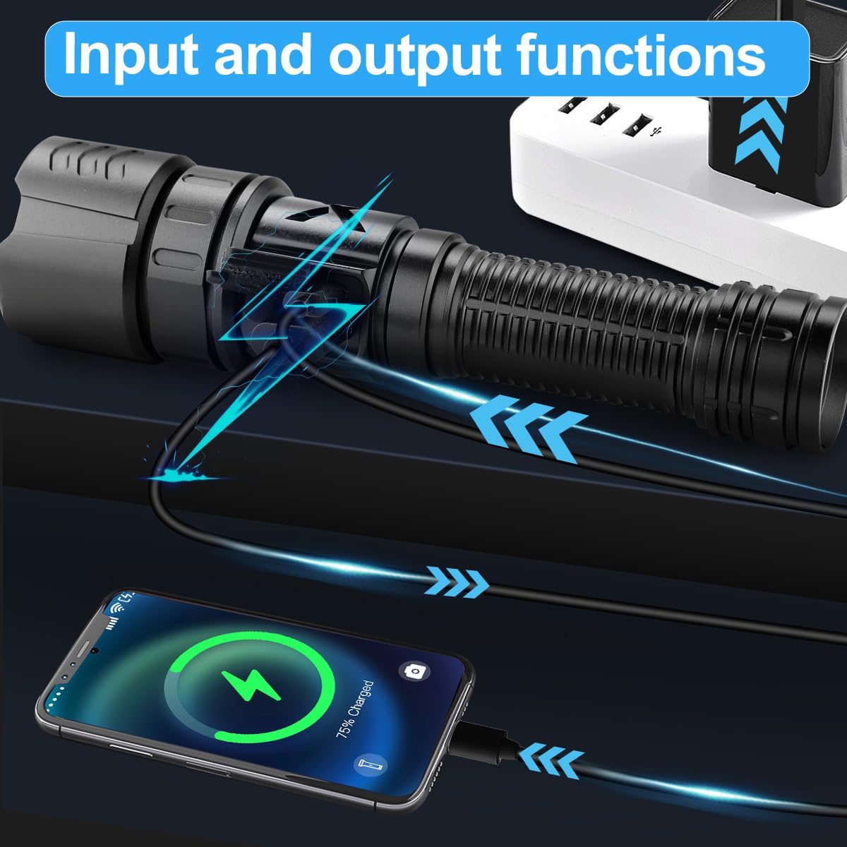 NAKCNM Linterna LED recargable, linterna LED extremadamente luminosa, 10.000 lúmenes, alimentada por batería, 5 modos de fuego, ajustable, impermeable, para camping, excursiones y emergencias