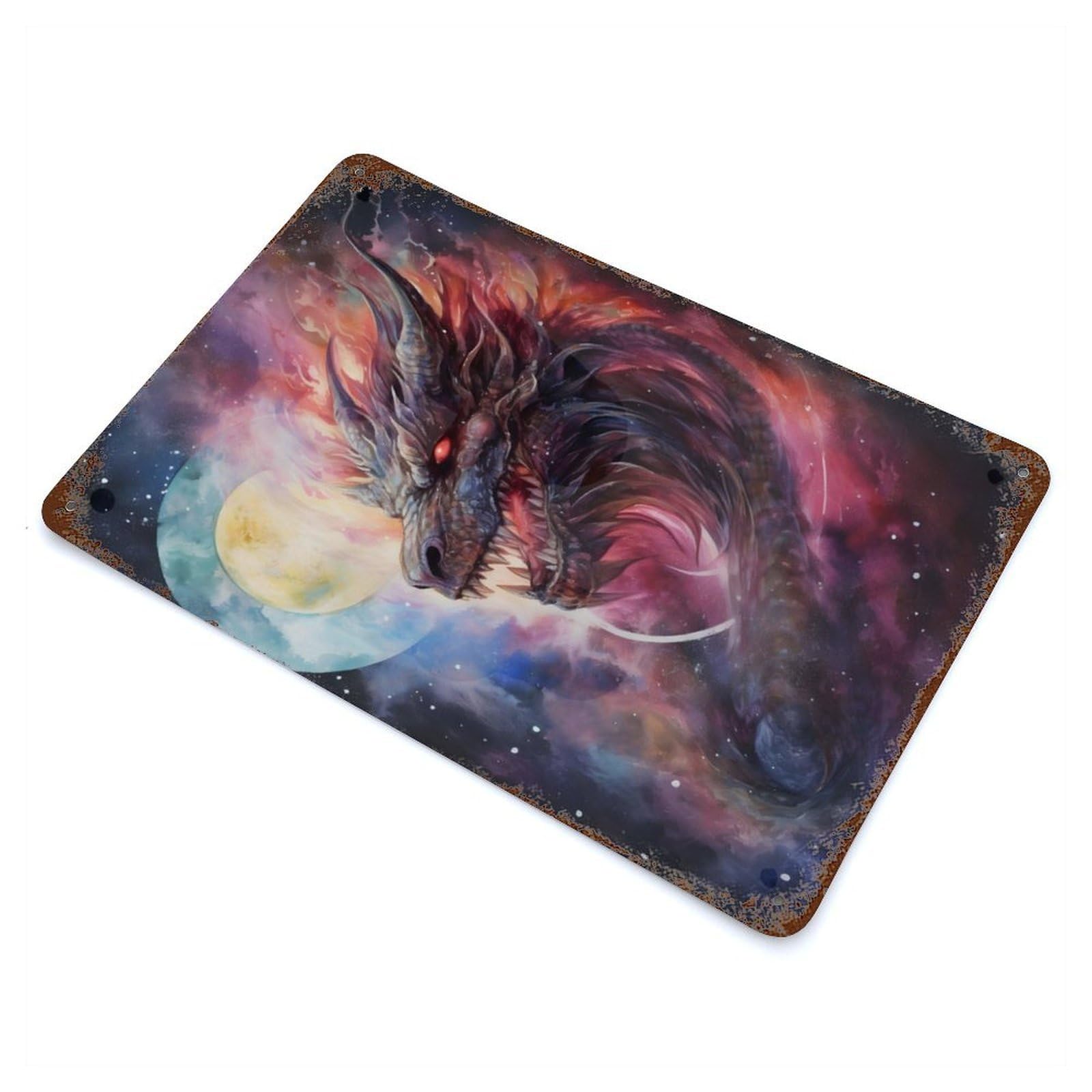 Dragon Manifestation Aged Metal Wall Plaque 11.8"x7.9", Industrial Home Decor for Pub, Kitchen And Man Cave Decor