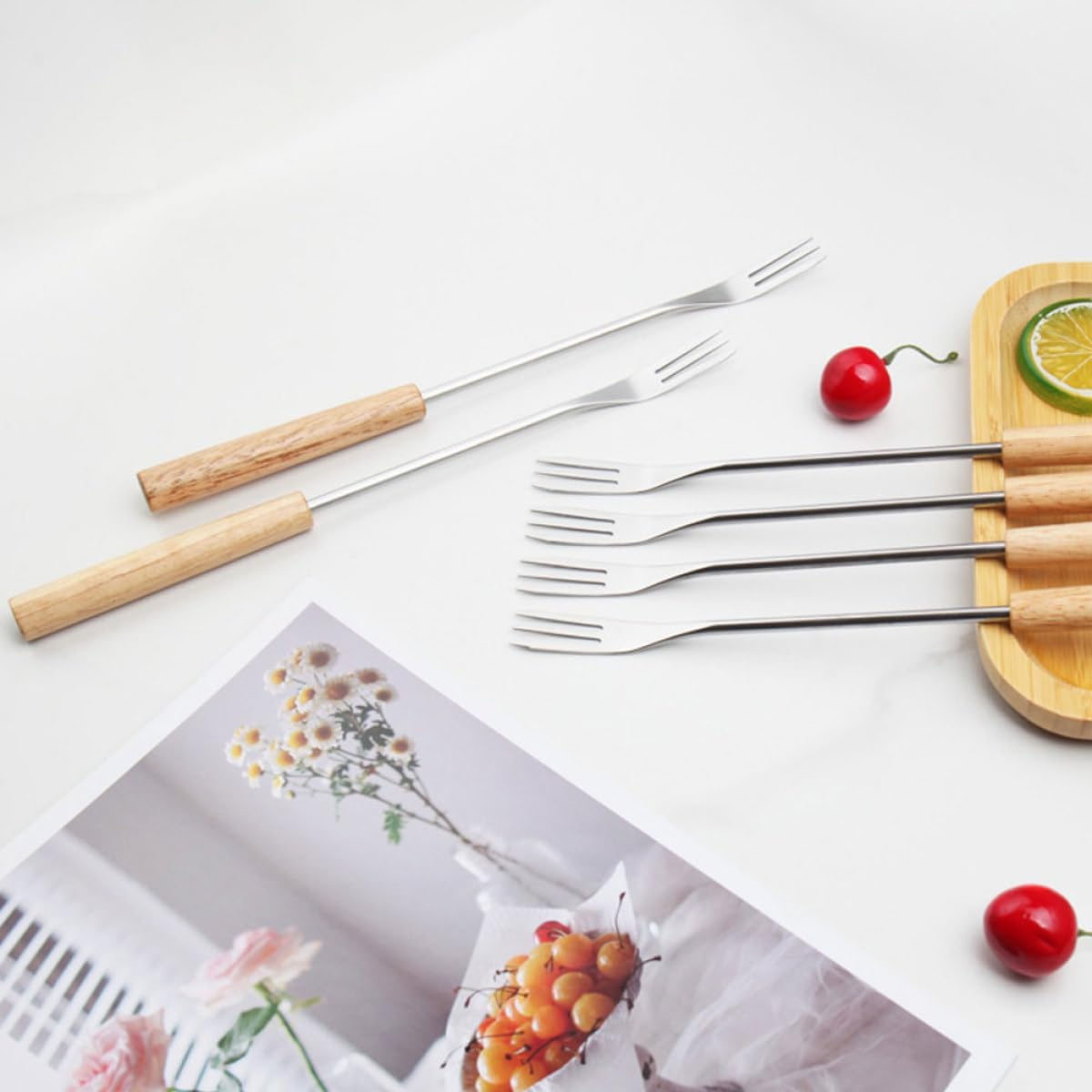 12pcs Stainless Steel Cheese Fondue Forks with Wood Handles, Household Chocolate Dipping and Barbecue Fork Set for Ice Cream, Fruit, and Grill Use