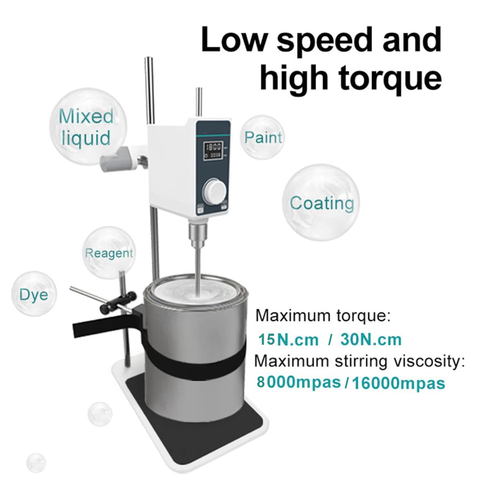 Agitador superior para mezcla de laboratorio, capacidad de 10 l/20 l, velocidad variable de 100-1500/50-1200 rpm, temporizador de 0-24 horas, con sensor de seguridad y abrazadera ajustable